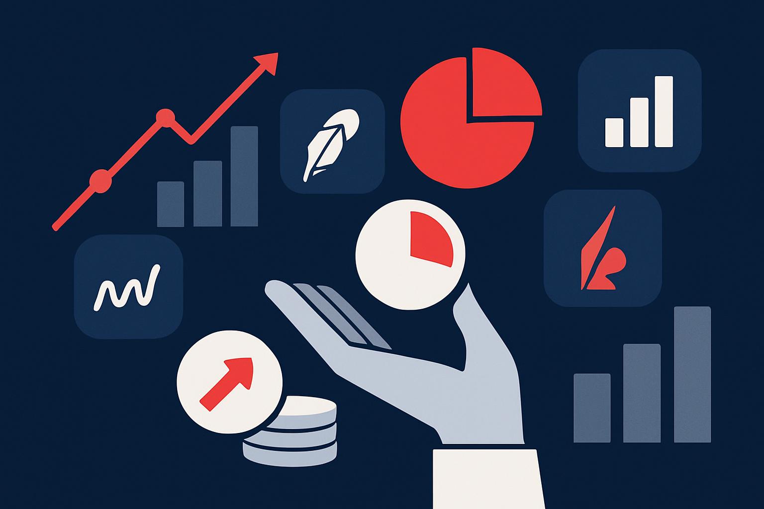 Beginner's guide to fractional share investing showing brokerage logos for Fidelity, Robinhood, Schwab, and Interactive Brokers on a navy editorial template