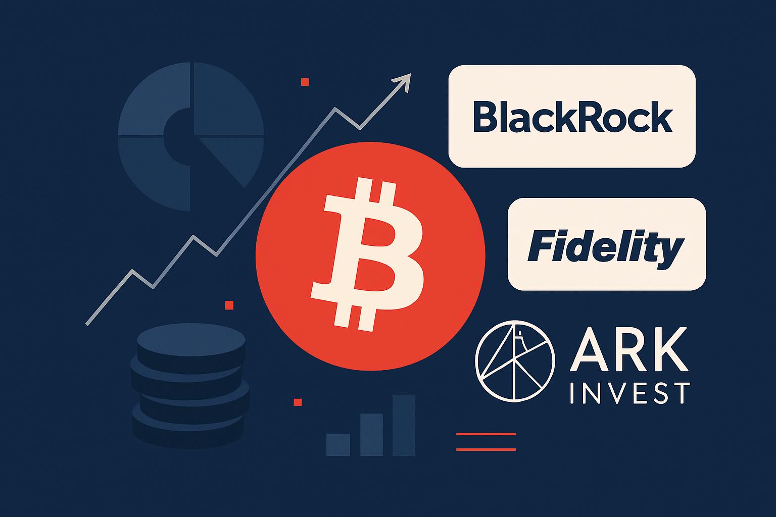 Bitcoin ETF explained guide featuring Bitcoin logo alongside BlackRock, Fidelity and ARK Invest issuer logos on a navy background