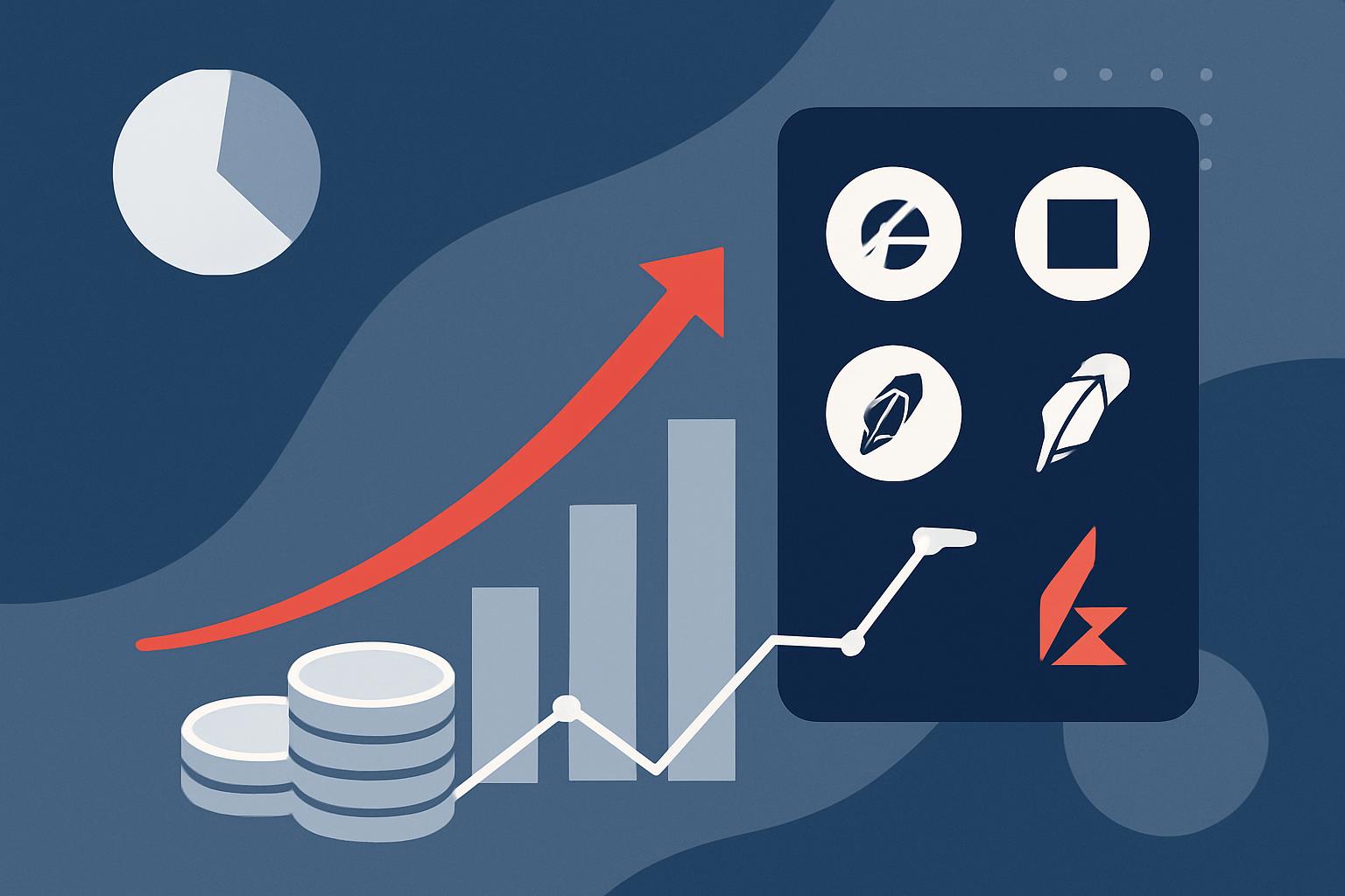 Best fractional share investing brokers in 2025 — Fidelity, Charles Schwab, Robinhood, and Interactive Brokers logos on a navy branded editorial card