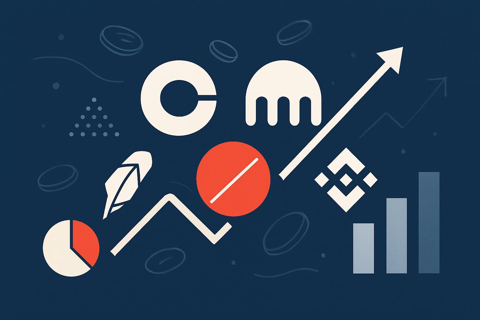 Best crypto exchanges for beginners in 2024 — Coinbase, Kraken, Gemini, Robinhood, and Binance.US logos on a blue background